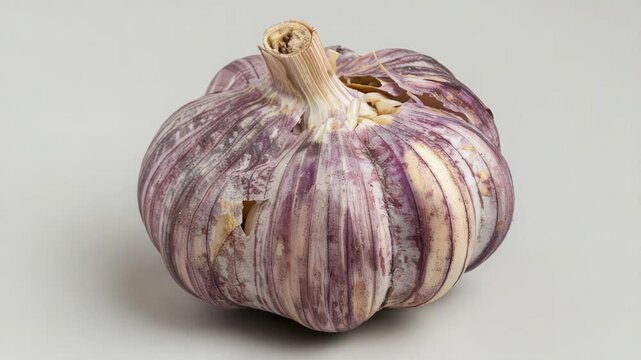 A single garlic clove sitting on a clean white surface, ideal for food or cooking photography