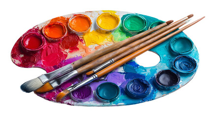 Colorful Paint Palette with Vibrant Paints and Brushes for Art, isolated on white background