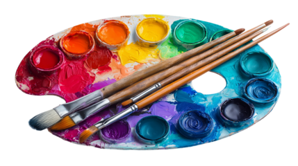 Colorful Paint Palette with Vibrant Paints and Brushes for Art, isolated on white background