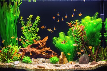 Colorful aquarium filled with various tropical fish and lush aquatic plants in a serene underwater landscape