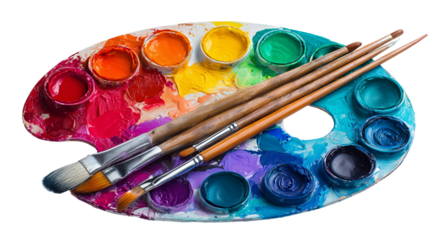 Colorful Paint Palette with Vibrant Paints and Brushes for Art, isolated on white background