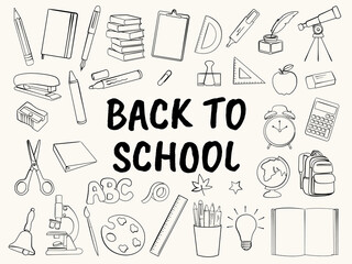 Hand drawn back to school doodles. Pencil, backpack, books, globe, ruler, binder, alarm clock, calculator and stationery icons. Vector outline school illustration.