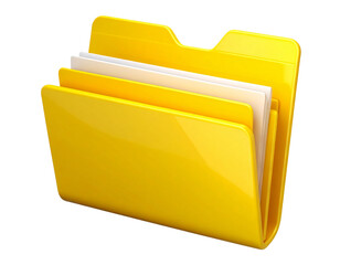 3D Rendered Yellow Office Folder Icon with Realistic Depth and Shadows, Isolated on Transparent Background