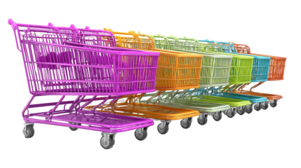 Colorful Shopping Carts in Bright Shades for Retail Environments, PNG bundle collection, Isolated on white Background