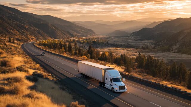 A semi-truck drives along a highway at sunset, framed by mountains and a vast valley.