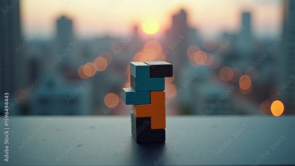 Poster innovation and creative problem solving concept with colorful wooden blocks stacked against blurred 