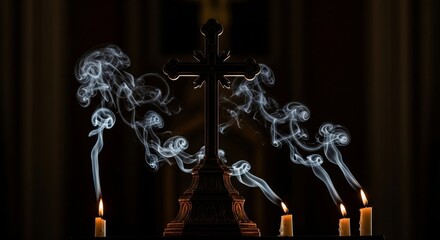 Cross with Incense and Candles - A dark of a cross with incense smoke swirling around it and three lit candles at its base