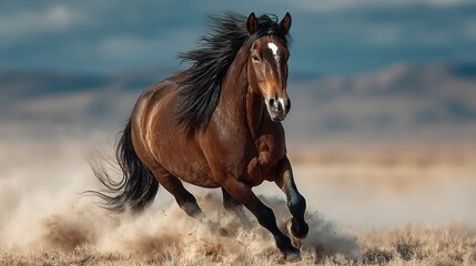 Majestic brown horse gallops across open plains under dramatic sky in the late afternoon sunlight