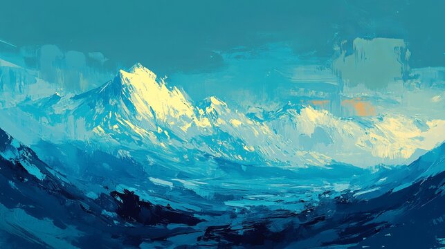 A vibrant, stylized painting of a majestic snow-capped mountain range under a dramatic, colorful sky. The artwork uses bold brushstrokes and a cool color palette to create a sense of awe and wonder