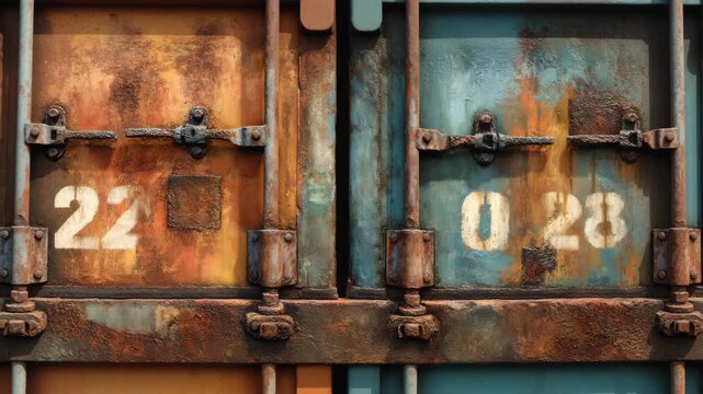 Close-up of weathered cargo container doors with rusted metal and numbers.