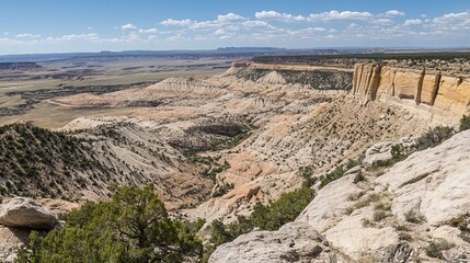 Panoramic view of a vast, arid landscape with layered rock formations, canyons, and sparse vegetation under a bright, sunny sky