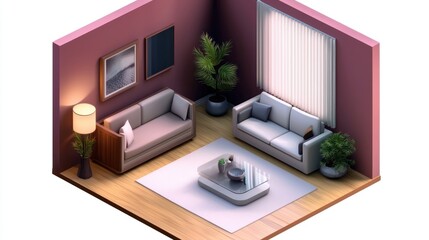 Isometric living room interior design mockup