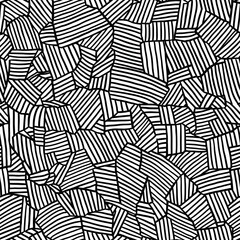 Black and White Abstract Geometric Pattern with Intersecting Stripes Creating a Complex Mosaic Design