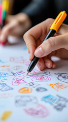 Creative team sketching ideas paper with colorful markers, showcasing collaboration