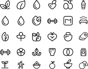 Modern minimalist healthy lifestyle icons:  fitness, nutrition, and wellness symbols for website or app design.