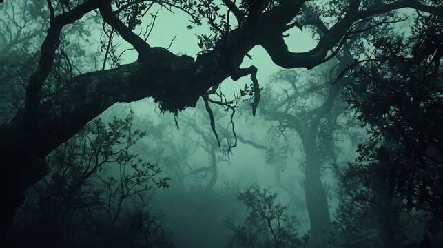 Eerie, misty forest scene with gnarled trees and a low-hanging fog, creating a mysterious and atmospheric image