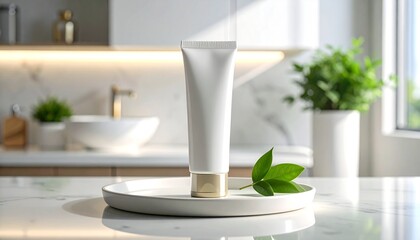 Plain Cosmetic Tube on Ceramic Tray with Green Leaf on Marble Counter