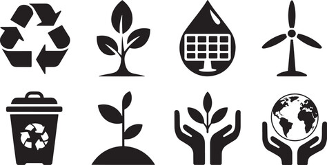 Eco-Friendly Icons Set Illustrating Sustainability and Environmental Awareness for a Greener Future on Transparent Background