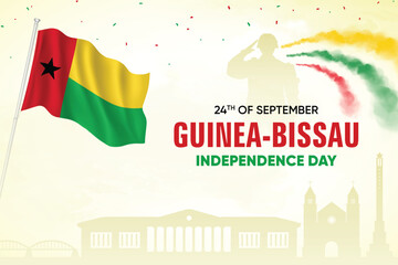 Guinea Bissau Flag Waving With Army Soldier and Air Show On Skyline Background. Independence Day Concept Design Vector Illustration.