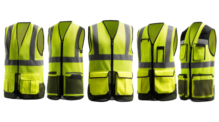 High Visibility Safety Vests in Various Angles and Styles, Bundle Set Collection, Isolated on transparent Background