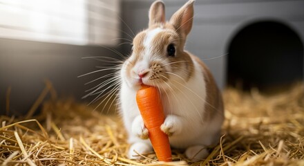 Adorable Tan and White Rabbit Munching on a Bright Orange Carrot
