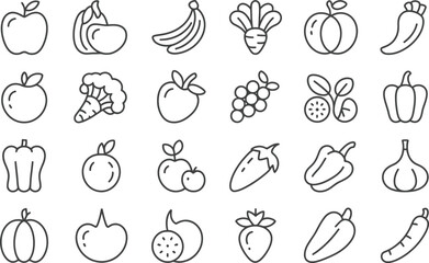 Collection of hand drawn fruit and vegetable icons in black and white