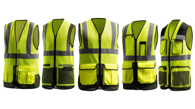 High Visibility Safety Vests in Various Angles and Styles, Bundle Set Collection, Isolated on transparent Background