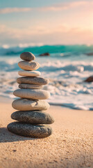 Zen Stone Tower on Sandy Beach with Ocean Waves