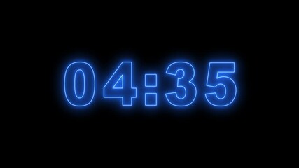neon Digital countdown clock timer in 5 minute to zero second. neon text number on isolated black background. Element for overlay concept.