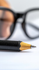 Close up of pencil and glasses on desk, emphasizing focus and creativity