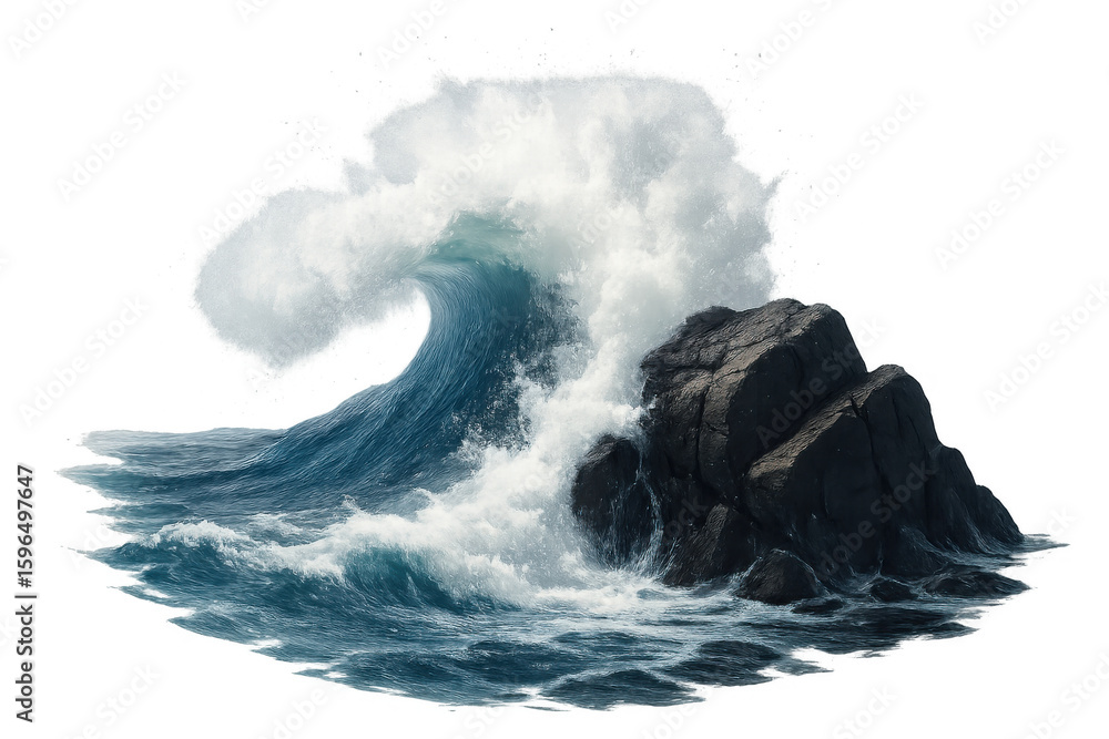 Poster powerful ocean wave crashing on a rock, creating a dramatic splash with transparent background, idea