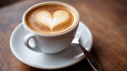 Obraz premium A white cup of cappuccino with heart-shaped latte art sits on a white saucer with a spoon on a wooden table.