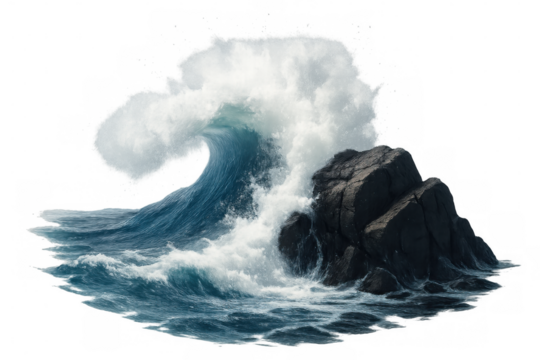 Powerful ocean wave crashing on a rock, creating a dramatic splash with transparent background, ideal for compositing