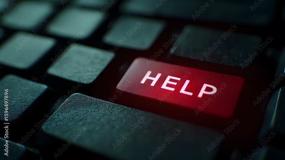 Poster bright red help key on a dark computer keyboard for urgent support