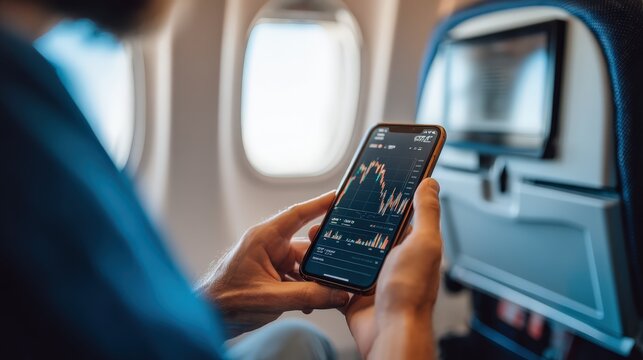 A person on an airplane monitors stock market data on their smartphone during the flight.
