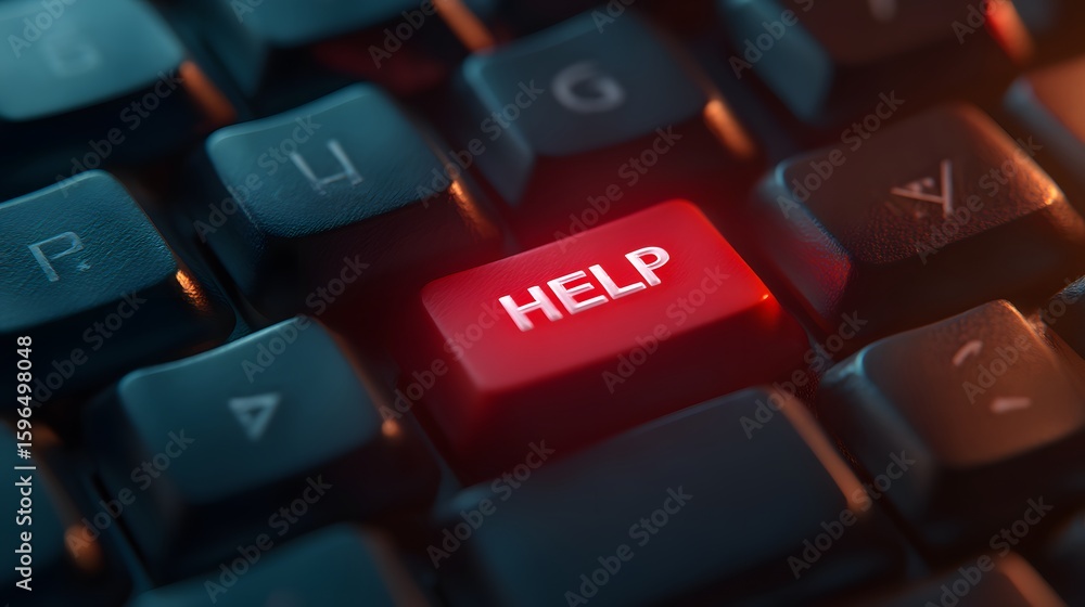 Aufkleber red help key on keyboard highlighted for emergency assistance needs