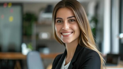 A smiling woman wearing a black jacket over a white shirt, ready for an outing