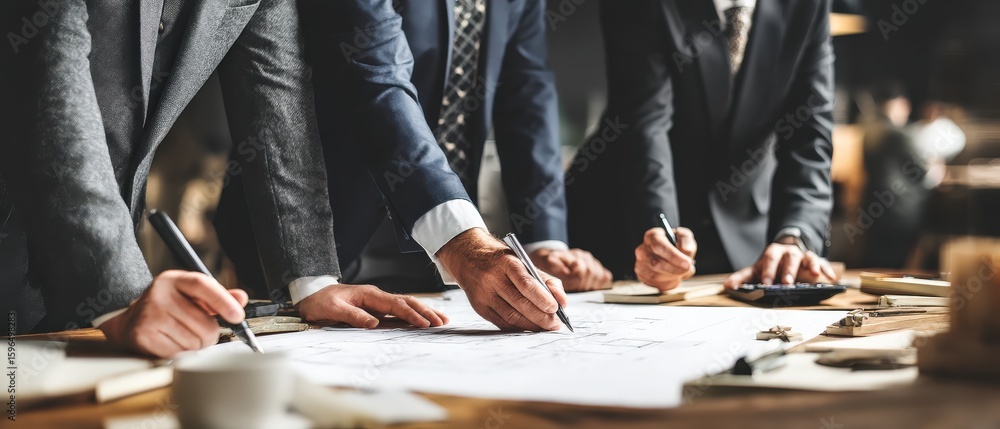 Poster a group of professionals in suits collaborating and writing on large documents spread across a table