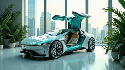Eco-friendly electric car with sustainable urban environment and greenery
