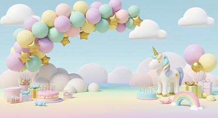 Pastel-colored birthday scene with balloons, unicorn, and treats.