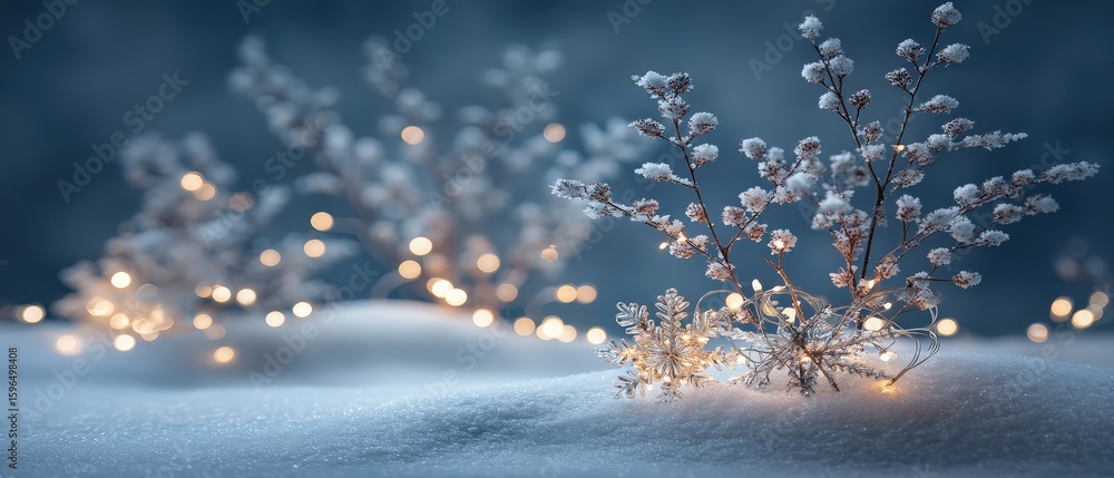 Poster snow-covered branches decorated with glowing fairy lights create a magical winter scene with soft bo