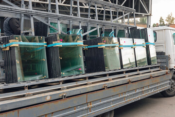 Double glazed windows loaded onto a truck for further transportation