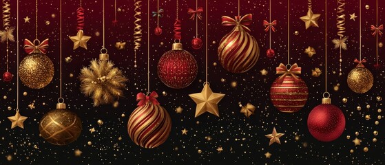 Festive Christmas decorations with gold and red baubles, stars, and ribbons hanging on a dark background with sparkling lights.