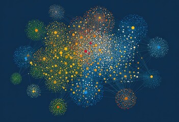 Complex network of interconnected nodes in various colors, with varying sizes and densities, displayed on a dark background