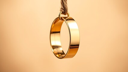 Golden wedding rings suspended on jute rope, elegant close-up with soft lighting enhancing their shine.