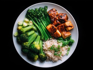 A healthy plate featuring grilled tofu, steamed broccoli, broccolini, and brown rice garnished with fresh herbs on a white plate against a black background.