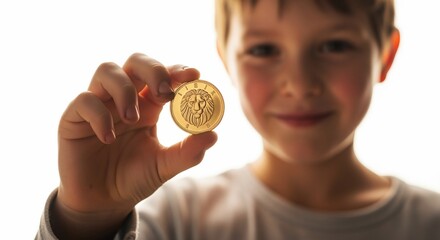 Boy Holding Golden Lion Coin, Bright Backlight, Childhood Treasure