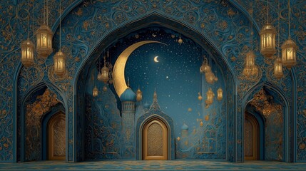 Elegant Islamic Interior Mosque with Moon and Starry Sky Decor in Gold and Blue Tones
