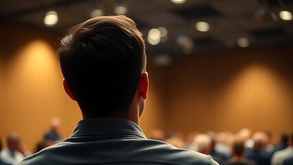 A lone listener in an auditorium, attentively focused under a soft spotlight from above.