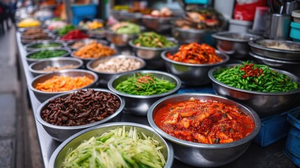 Obraz premium A vibrant market display featuring a variety of fresh vegetables, spices, and prepared foods in metal bowls.